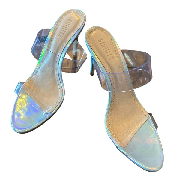 Schutz Ariella Clear Strappy Metallic Stiletto Heeled Sandals NEW Size 10 - Picture 2 of 11